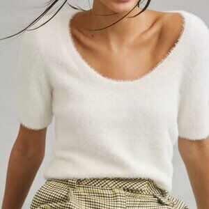 Maeve by Anthropology Rona Eyelash Deep Scoop Neck Sweater in Ivory Sz Large